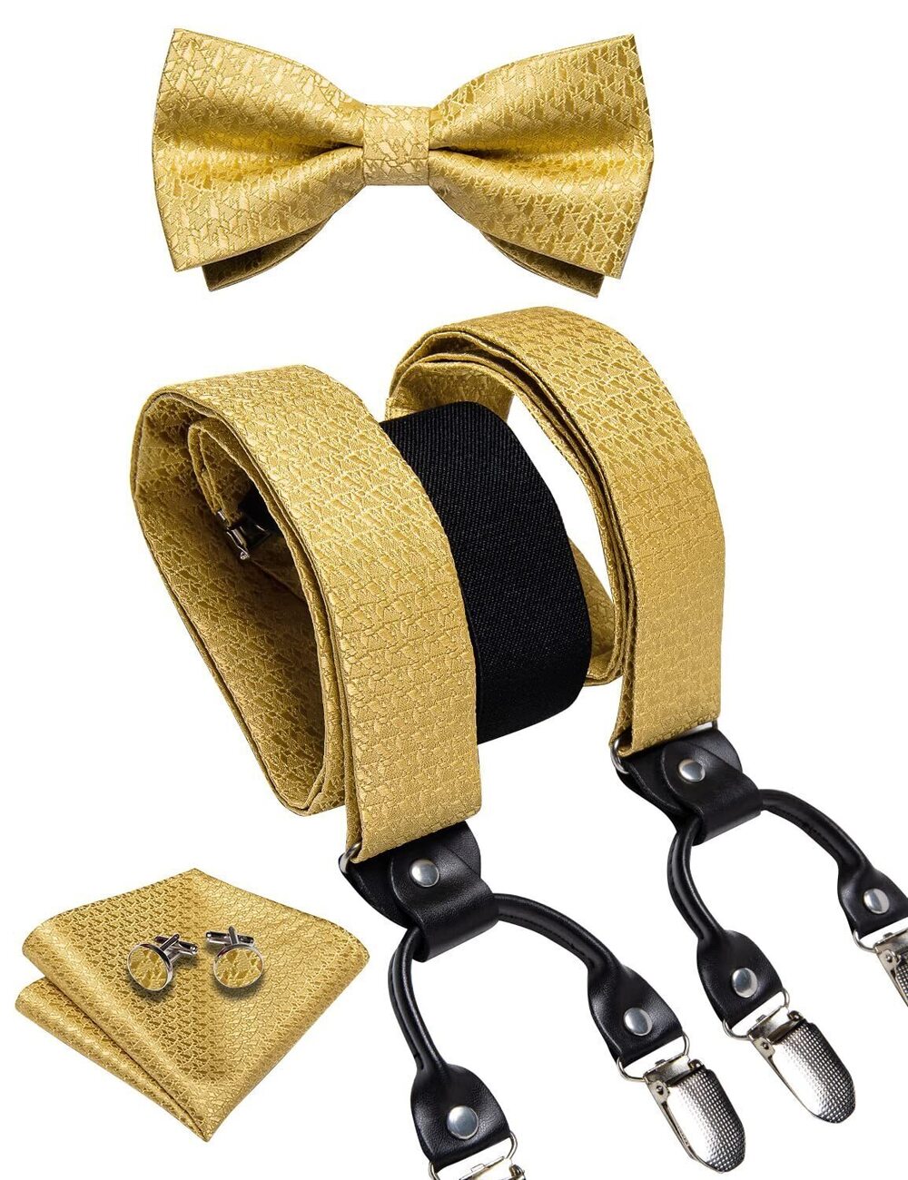 4576 Gold Suspenders Heavy Duty Clip Suspenders and Bow Tie Set Adjustable